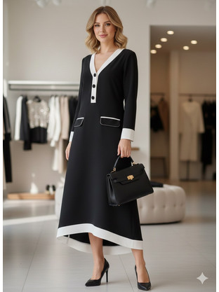 Φόρεμα Elegant Contrast με Ασύμμετρο Τελείωμα - Μαυρο με Ασπρο