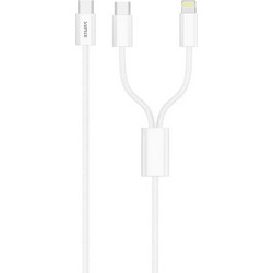 Sunix Υφασμάτινο Καλώδιο Type C 2 σε 1 Type C / Lightning (3A / 2.4A) 1.20μ. - Άσπρο