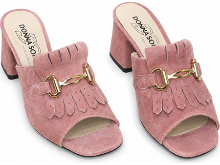 Coral suede mules with gold detail