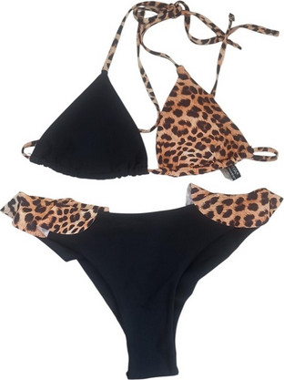 Mya Swimwear Δίχρωμο Γυναικείο Σετ Μπικίνι Τριγωνάκι Μαύρο - Leopard Print με Βολάν Large