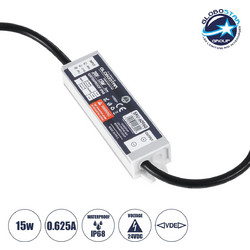 GloboStar(R) 60960 Αδιάβροχο Τροφοδοτικό SELV για Προϊόντα Φωτισμού LED 15W 0.625A - AC 220-240V σε DC 24V με 1.2m VDE Καλώδιο Παροχής & Εξόδου Τροφοδοσίας - Αδιάβροχο IP68 - M12 x W3 x H2cm
