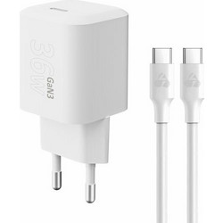 Φορτιστής Πρίζας Quick Power Charger Qualcomm GaN3 PD+QC 1 x Type C & 1 x USB A 5V-20V 36W White & USB Type C-C Cable PT-1350