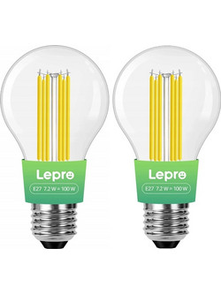 LEPRO 100094-WW-EU-2 Λαμπτήρας LED Τύπου Νήματος E27, 7,2 W, 1521 lm, 2700 K, Συσκευασία 2 Τεμαχίων