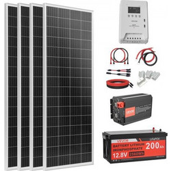 VEVOR 400W 12V Complete Solar Power Kit, 4*100W Monocrystalline Solar Panels + 12.8V 200Ah LiFePO4 Battery + 40A MPPT Charge Controller + 2000W Power Inverter for RV Home Camping Boats Off-Grid