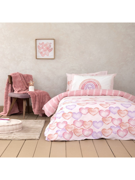 Παπλωματοθήκη Παιδική Hearty Με Σεντόνι (Σετ 3τμχ) Pink Nima Μονό 170x255cm 100% Βαμβάκι