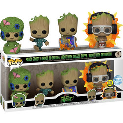 Funko Pop! Fancy Groot, Groot in Onesie, Groot with Cheese Puffs, Groot with Detonator 4-Pack Marvel I Am Groot Special Edition