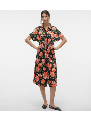 Vero Moda Midi Καλοκαιρινό Καθημερινό Φόρεμα Floral Σεμιζιέ Μαύρο 10311048