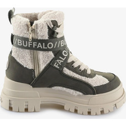Buffalo Aspha Com 1 Warm Γυναικεία Μποτάκια Χιονιού Δερμάτινα Χακί Εκρού με Χοντρό Χαμηλό Τακούνι και Γούνα 1622490