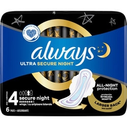 Always Ultra Secure Night Μέγεθος 4 Σερβιέτες με Φτερά για Αυξημένη Ροή 7 Σταγόνες 6τμχ