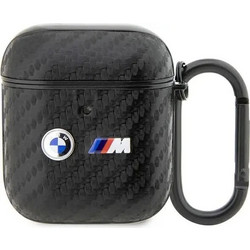 BMW Carbon Double Metal Logo Θήκη Σιλικόνης με Γάντζο για Apple AirPods 1 / 2 Μαύρη