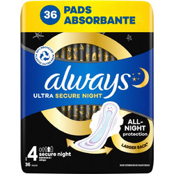 Always Ultra Secure Night Μέγεθος 4 Σερβιέτες με Φτερά για Αυξημένη Ροή 7 Σταγόνες 36τμχ