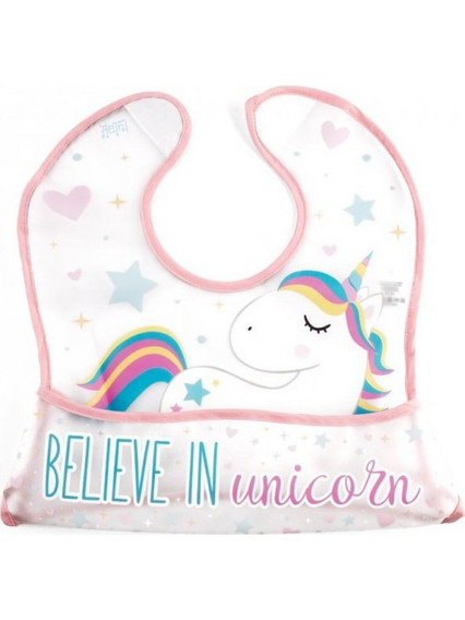 Lulabi Unicorn Αδιάβροχη Σαλιάρα Ποδιά Πλαστική με Αυτοκόλλητο & Τσέπη Ροζ