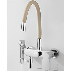 Bonken HT-1812 Μπαταρία Κουζίνας Τοίχου Τριπλής Παροχής Σπαστή Ανάμεικτη με Εύκαμπτο Ρουξούνι Μπεζ