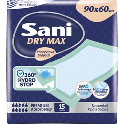 Sani Sensitive Dry Max Υποσέντονα Ακράτειας 10 Σταγόνες 60x90cm 15τμχ