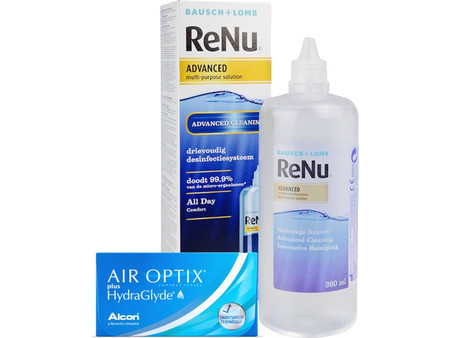 Alcon Air Optix Plus HydraGlyde Μηνιαίοι Φακοί Επαφής Σιλικόνης Υδρογέλης 6τμχ + 1 Υγρό ReNu Advanced 360ml