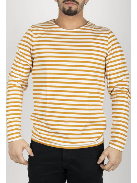 JACK&JONES ΜΠΛΟΥΖΑ ΜΑΚΡΥΜΑΝΙΚΗ ΧΡΥΣΟ / ΛΕΥΚΟ ΡΙΓΕ ΜΕ ΛΑΙΜΟΚΟΨΗ ΚΑΙ ΔΙΑΚΡΙΤΙΚΟ LOGO PATCH ΣΤΟ ΠΛΑΙ ΚΑΝΟΝΙΚΗ ΓΡΑΜΜΗ