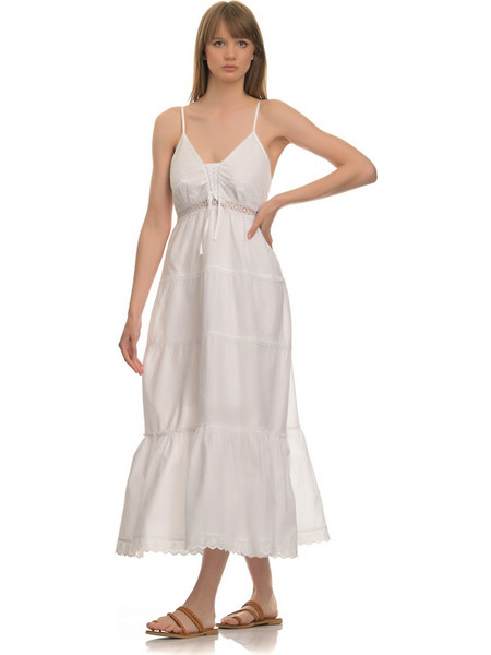 άσπρο μακρύ φόρεμα με σούρα - 67510