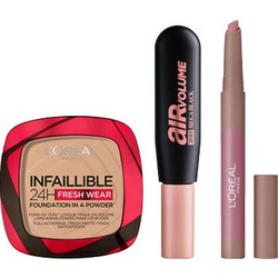 L'Oreal Paris Infaillible 24H Fresh Wear Foundation In A Powder 120 Vanilla 9gr + Air Volume Mega Mascara 9ml + Matte Lip Crayon 102 C