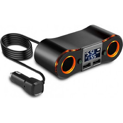 Splitter Αναπτήρα με Dual 2x Φορτιστή USB, Βολτόμετρο & Θερμόμετρο Αυτοκινήτου