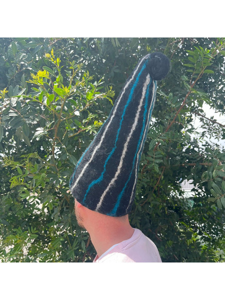 Felted Sauna Wizard Hat - Black Blue Streaks