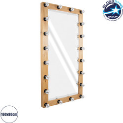 GloboStar(R) MAKEUP MIRROR-160x80-1 Μοντέρνος Καθρέπτης Μακιγιάζ με Πλαίσιο Φυσικού Ξύλου με Διακόπτη On/Off 20 x E27 AC220-240V - Μ80 x Π7 x Υ160cm - Μπεζ Δρυς