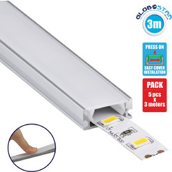 GLOBOSTAR(R) ALP-LINEAR SURFABO 70805-3M Επιφανειακό Προφίλ Αλουμινίου με Λευκό Γαλακτερό Πατητό Κάλυμμα για Ταινίες LED IP20 - Ασημί & Λευκό - Μ300 x Π1.6 x Υ0.7cm - Πακέτο 5 Τεμαχίων