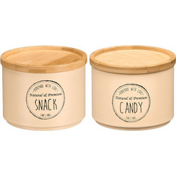 Κουτί αποθήκευσης μεταλλικό μπεζ/bamboo καπάκι 2σχέδια 12,7x10cm