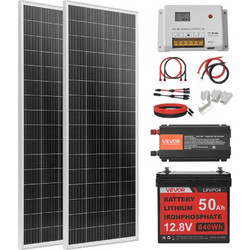 Πλήρες κιτ ηλιακής ενέργειας VVEVOR 200W 12V, 2 τεμάχια μονοκρυσταλλικά ηλιακά πάνελ 100W + μπαταρία LiFePO4 12,8V 50Ah + ρυθμιστής φόρτισης 40A + μετατροπέας ισχύος 800W, ιδανικό για τροχόσπιτο, σπίτ