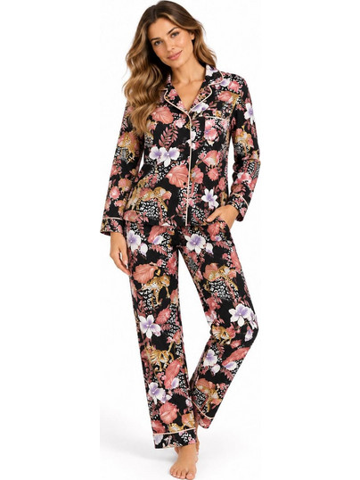 Fuanna Black Tiger Floral Σετ Γυναικείες Πιτζάμες Μαύρες