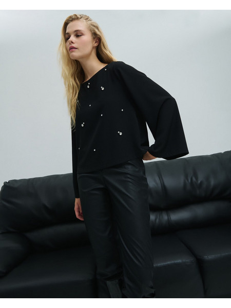 DEJAVU Μαύρη Oversized Μπλούζα Με Στρας