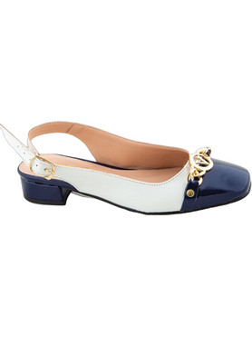 Blondie Γόβες Slingback Δερμάτινες με Χοντρό Χαμηλό Τακούνι Λευκές Navy Μπλε 2280