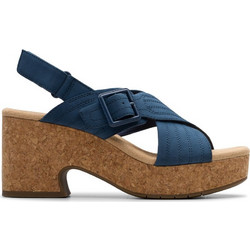 Clarks Nerisa West Γυναικεία Πέδιλα Δερμάτινα Navy Μπλε με Χοντρό Ψηλό Τακούνι 26181794