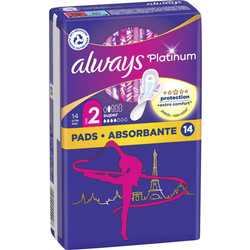 Always Platinum Super Μέγεθος 2 Σερβιέτες με Φτερά για Αυξημένη Ροή 4 Σταγόνες 14τμχ