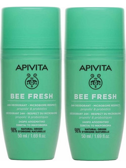 Apivita Bee Fresh Propolis & Probiotics Φυσικό Αποσμητικό Roll On 24h Χωρίς Αλουμίνιο 2x50ml