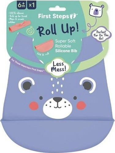 First Steps Roll Up Bear Αδιάβροχη Σαλιάρα Σιλικόνης με Κουμπί & Τσέπη 6m+ Λιλά