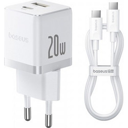 Baseus Palm 2in1 Φορτιστής με Καλώδιο USB-C με Θύρα USB-A & Θύρα USB-C 20W Power Delivery White