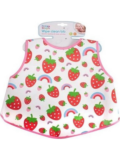 First Steps Strawberry Αδιάβροχη Σαλιάρα Ποδιά Πλαστική με Αυτοκόλλητο 6m+ Λευκή Κόκκινη