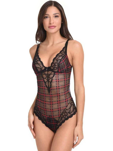 Miss Rosy Graziella Sexy Κορμάκι String See Through με Δαντέλα Μαύρο Κόκκινο 7908