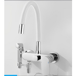 Bonken HT-1813 Μπαταρία Κουζίνας Τοίχου Τριπλής Παροχής Σπαστή Ανάμεικτη με Εύκαμπτο Ρουξούνι Λευκή
