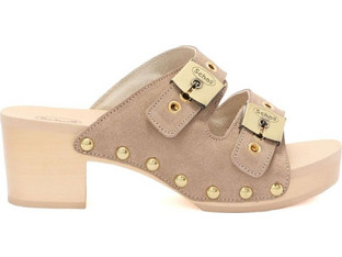 Scholl Γυναικεία Πέδιλα Suede Μπεζ με Χοντρό Χαμηλό Τακούνι και Φιάπα F00791-2361