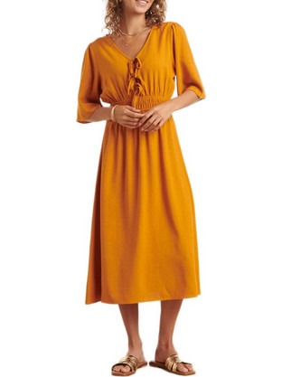 Smashed Lemon Midi Καλοκαιρινό Καθημερινό Φόρεμα Λινό 26090-240