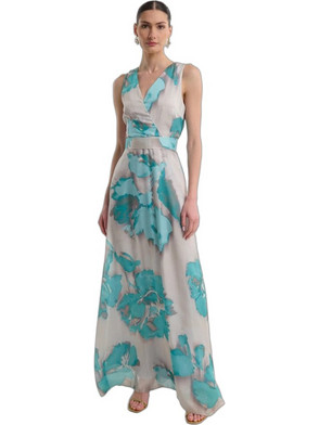 Fibes Fashion Maxi Καλοκαιρινό Φόρεμα για Γάμο / Βάπτιση Floral Κρουαζέ Τιρκουάζ 05-9499