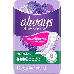 Always Discreet Normal Σερβιέτες Ακράτειας 4 Σταγόνες 12τμχ