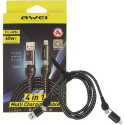 4 σε 1 Καλώδιο φόρτισης 60W USB/Type C σε Type C και Lightning 1m μαύρο CL-126 Awei