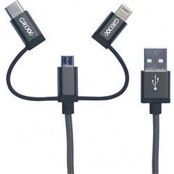 Grixx Καλώδιο 3-σε-1 - USB σε Micro USB, USB-C & Lightning (Apple) 1M Γκρι
