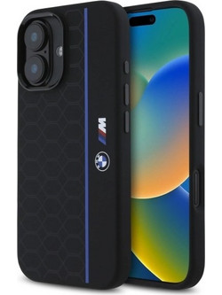 BMW Silicone Hexagon Blue Line MagSafe Case for iPhone 16 - Black