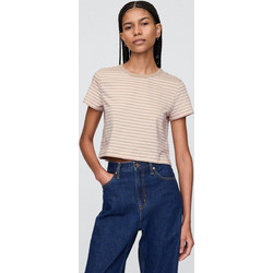 Οργανικό Βαμβάκι Vintage Cropped Μπλούζα Khaki tan stripe