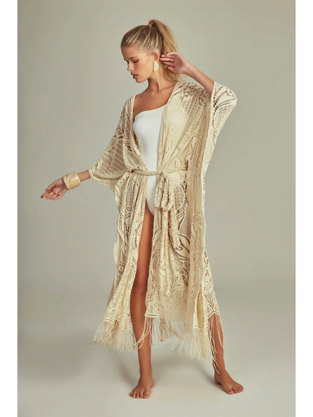 KIMONO FRINGLE IN BEIGE LACE