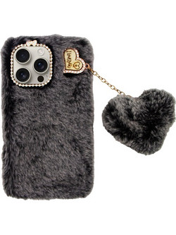 Vivid Fluffy Plush Case with Heart-Shaped Chain Apple iPhone 16 Pro Max Grey/Black