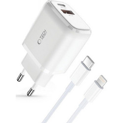 Tech-Protect C20W Φορτιστής με Καλώδιο Lightning με Θύρα USB-A & USB-C 20W Power Delivery & Quick Charge 3.0 White